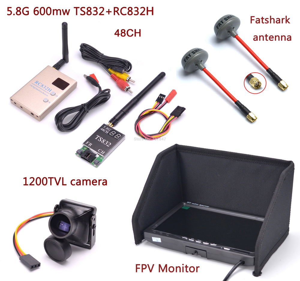 FPV Kit Combo System 1200TVL Camera + 5.8Ghz 600mw 48CH TS832 RC832S RC832 + 7 inch LCD 1024 x 600 Monitor + Antenna